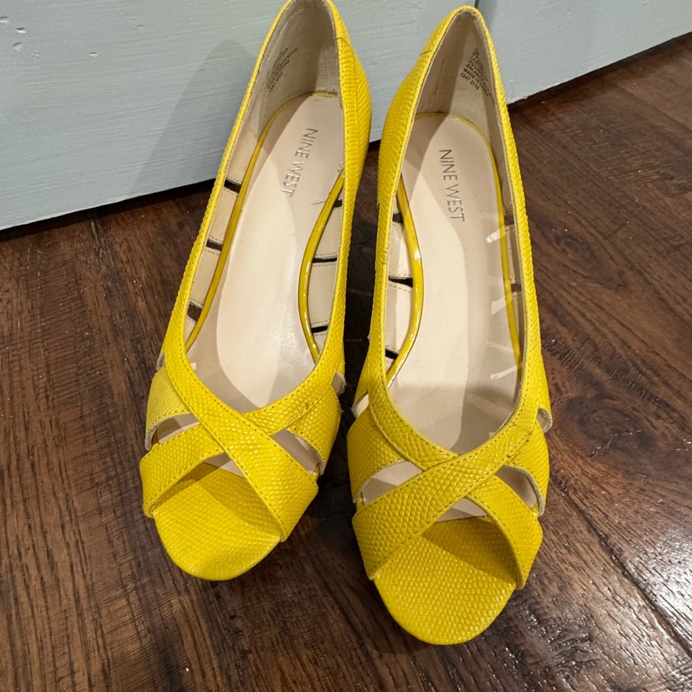 Nine West Bright Yellow Peep-Toe Wedge Heels